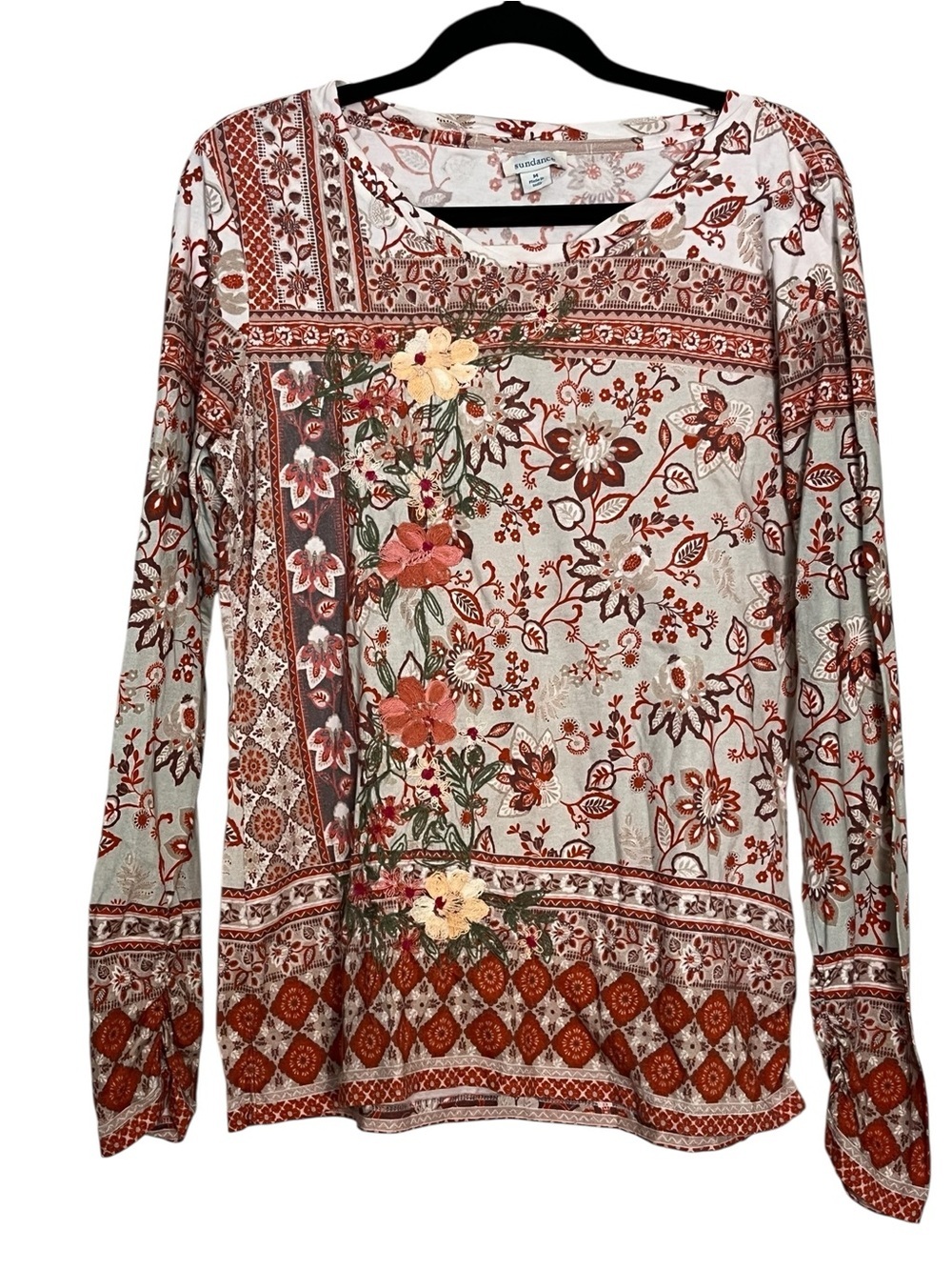 Sundance Women's Floral Long-Sleeve Embroidered Tee Size L Boho